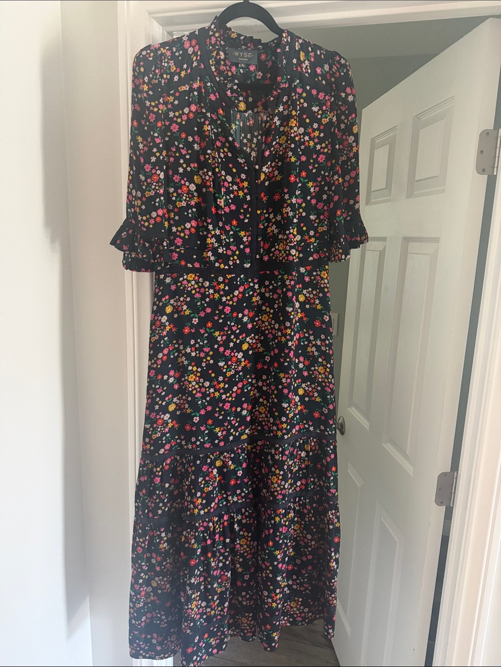 Wyse London Blue birthday burst Floral Midi Dress with elbow length sleeves